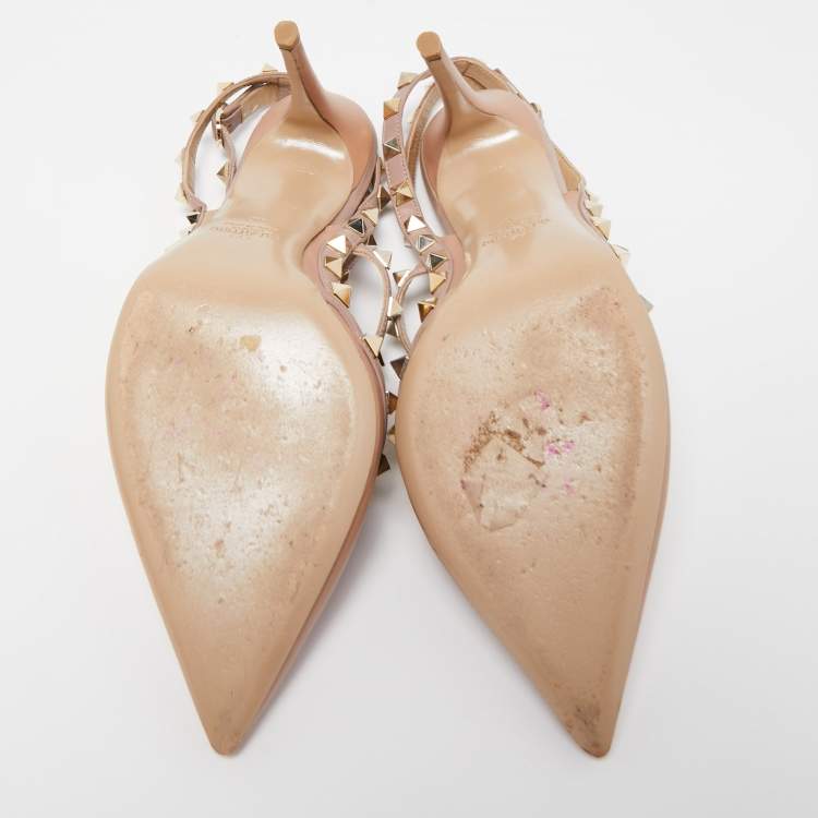 Pre Owned Valentino Beige Leather Rockstud Buckle Strap Pumps Size 40