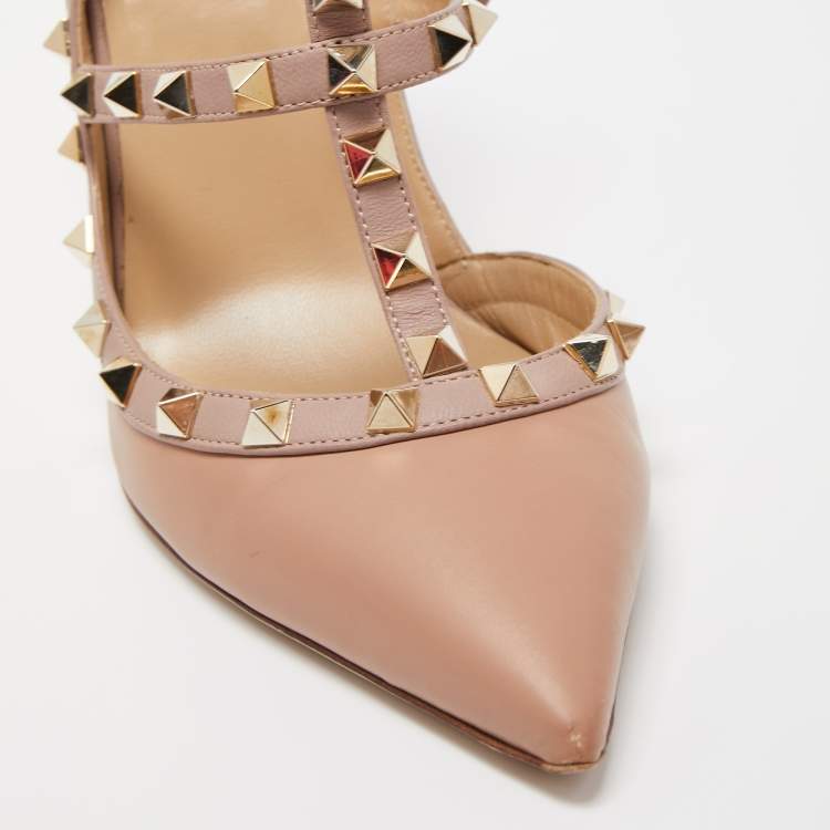 Pre Owned Valentino Beige Leather Rockstud Buckle Strap Pumps Size 40