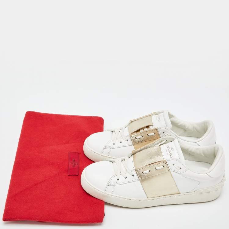 Pre Owned Valentino White/Gold Leather Rockstud Low Top Open Sneakers Size 39.5