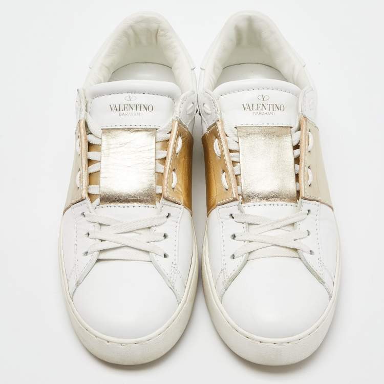 Pre Owned Valentino White/Gold Leather Rockstud Low Top Open Sneakers Size 39.5