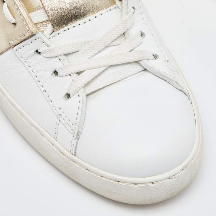 Pre Owned Valentino White/Gold Leather Rockstud Low Top Open Sneakers Size 39.5