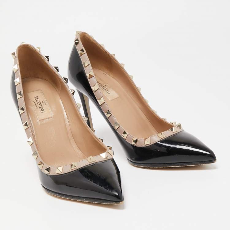 Pre Owned Valentino Black/Beige Leather and Patent  Rockstud  Pumps Size 38