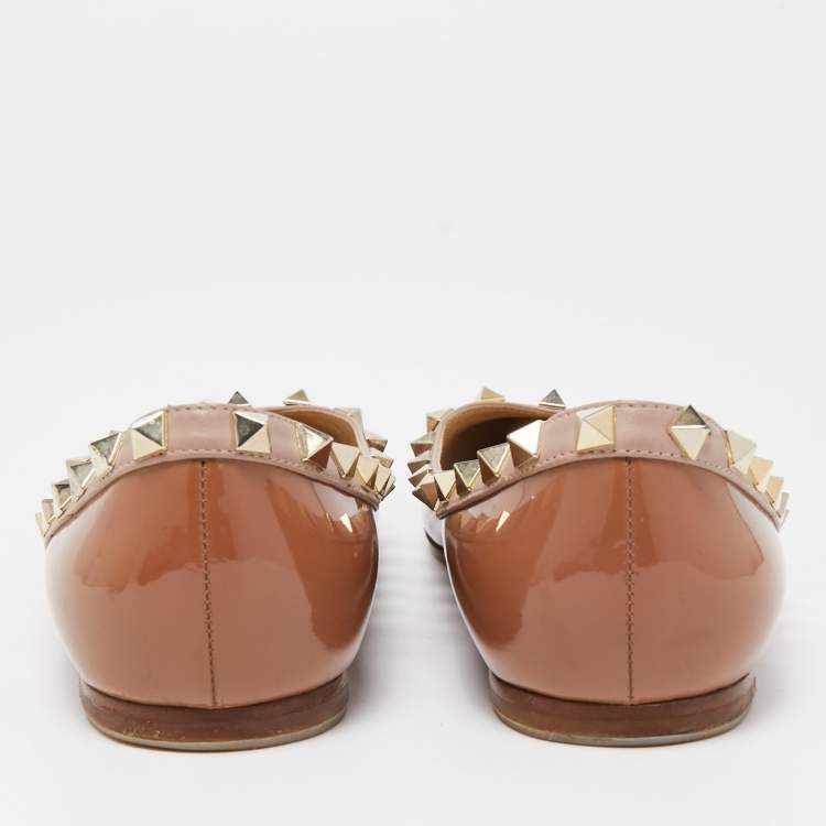 Pre Owned Valentino Brown Patent Leather Rockstud Ballet Flats Size 36