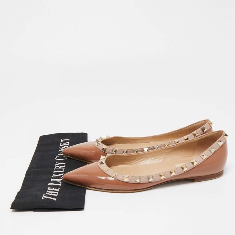 Pre Owned Valentino Brown Patent Leather Rockstud Ballet Flats Size 36