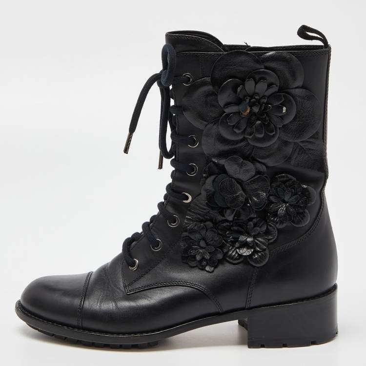 Valentino Black Leather Floral Applique Boots Size 37.5 | TLC