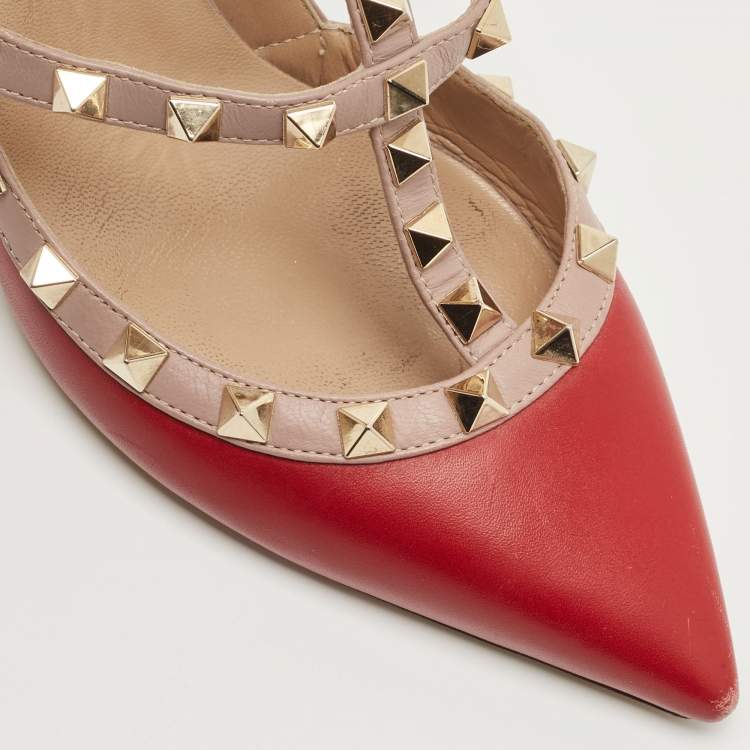 Pre Owned Valentino Red/Beige Leather Rockstud Caged Pumps Size 37.5