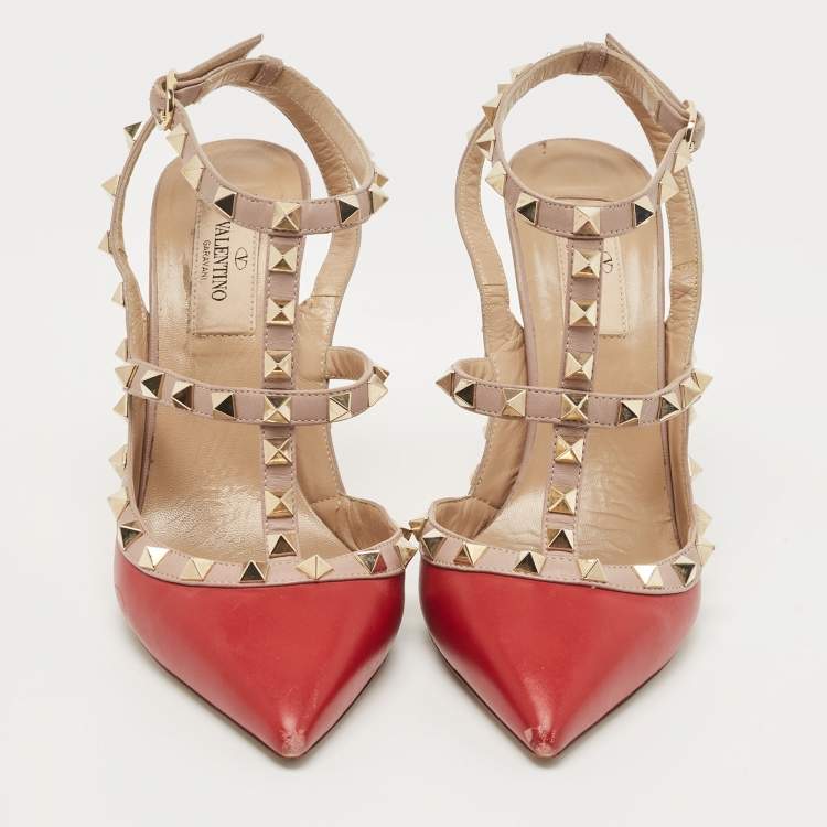 Pre Owned Valentino Red/Beige Leather Rockstud Caged Pumps Size 37.5