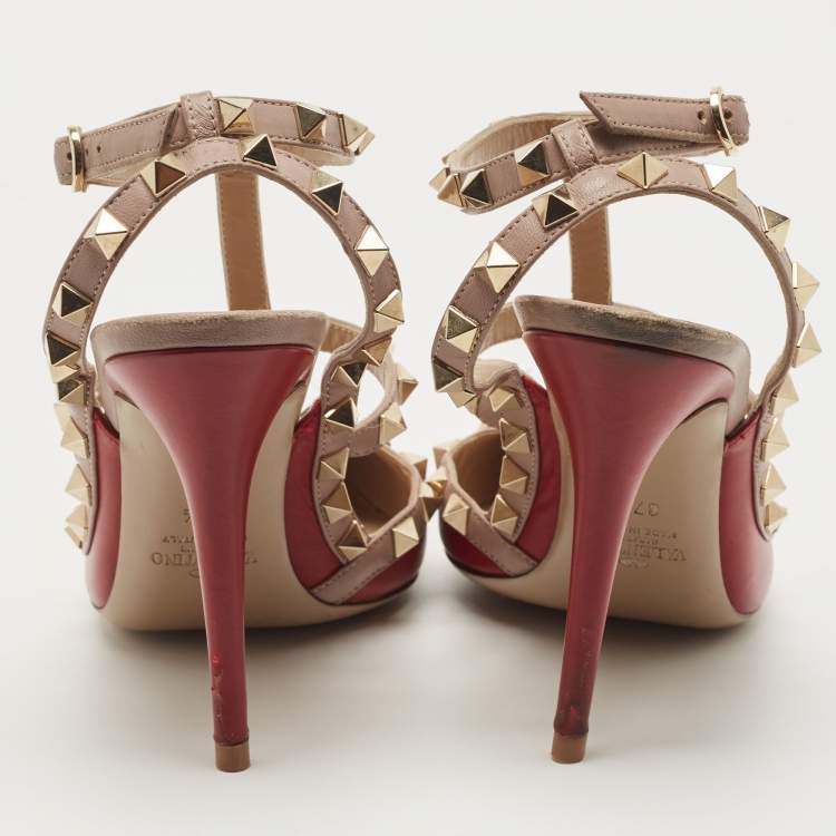 Pre Owned Valentino Red/Beige Leather Rockstud Caged Pumps Size 37.5
