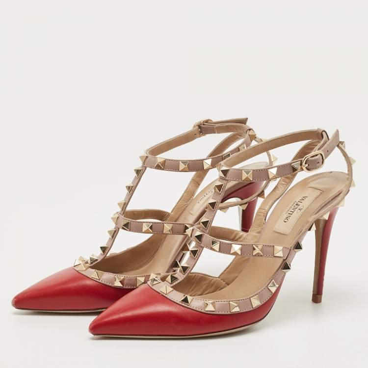 Pre Owned Valentino Red/Beige Leather Rockstud Caged Pumps Size 37.5
