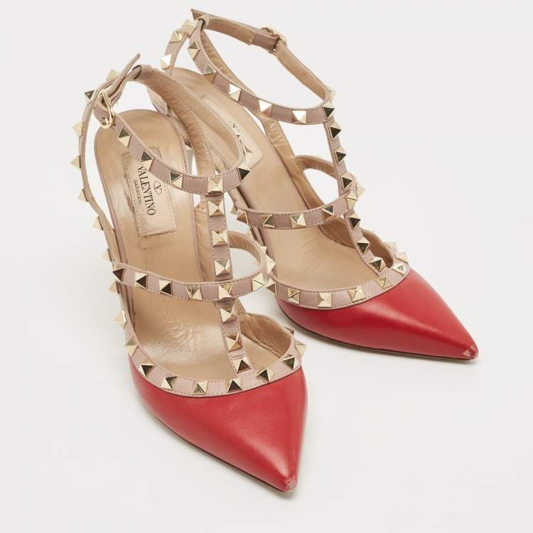 Pre Owned Valentino Red/Beige Leather Rockstud Caged Pumps Size 37.5