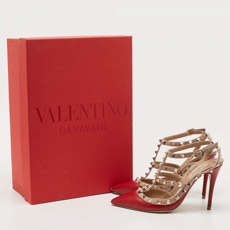 Pre Owned Valentino Red/Beige Leather Rockstud Caged Pumps Size 37.5