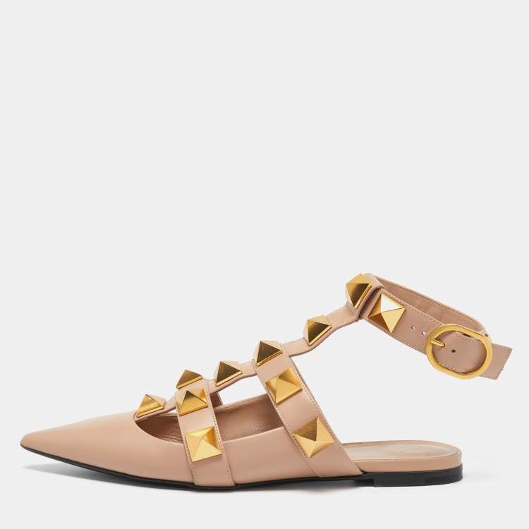 Pre Owned Valentino Beige Leather Roman Stud Flat Mules Size 38