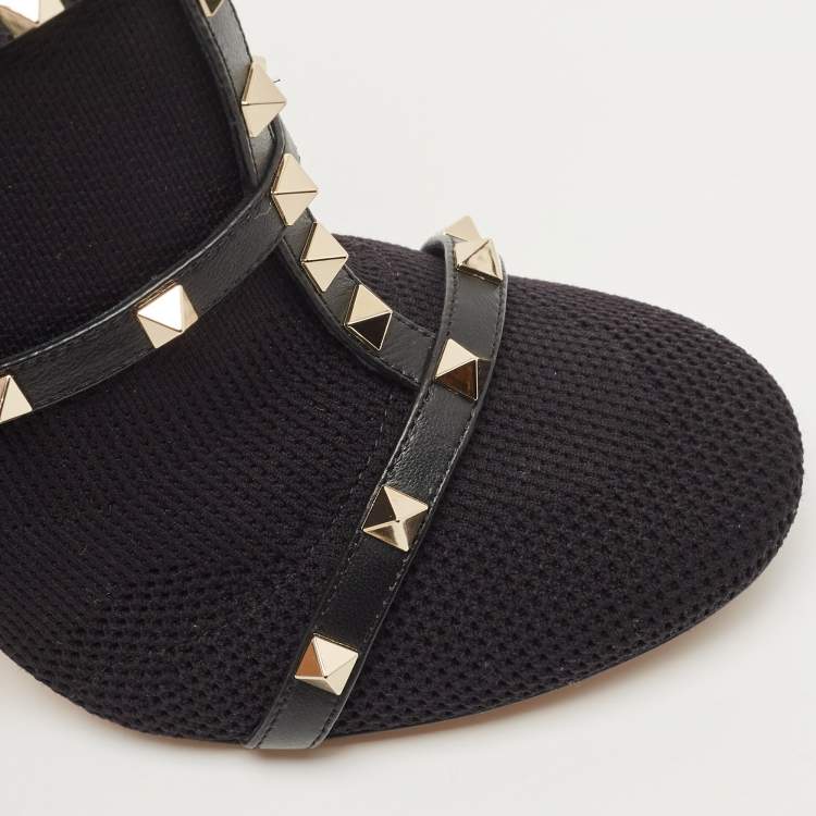 Pre Owned Valentino Black Knit Fabric and Leather Rockstud Boots Size 40