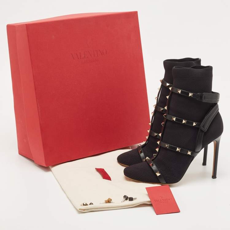 Pre Owned Valentino Black Knit Fabric and Leather Rockstud Boots Size 40