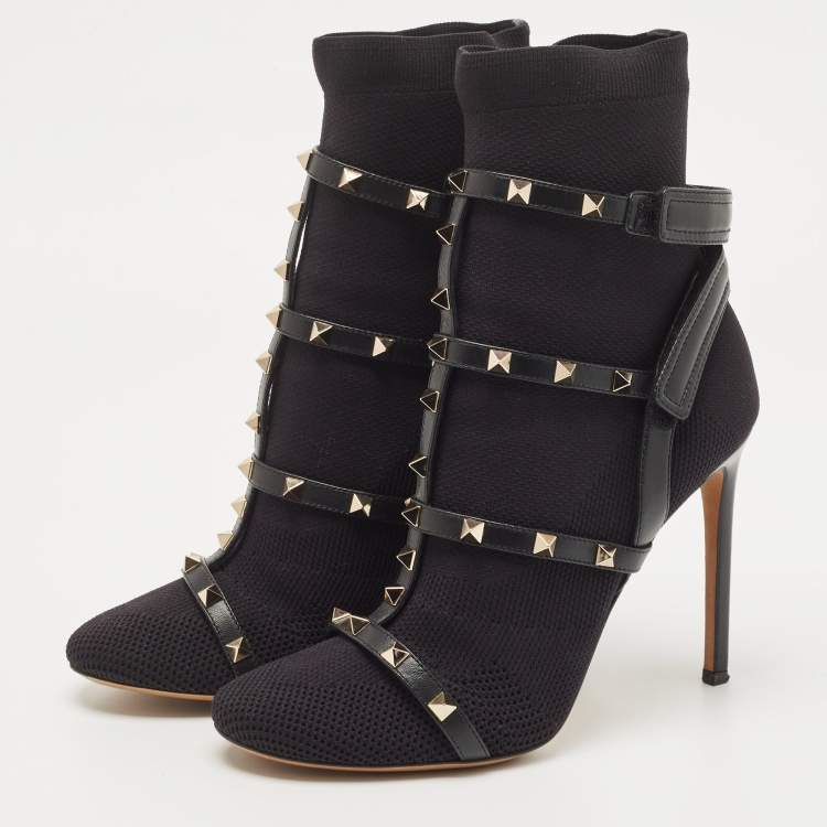 Pre Owned Valentino Black Knit Fabric and Leather Rockstud Boots Size 40