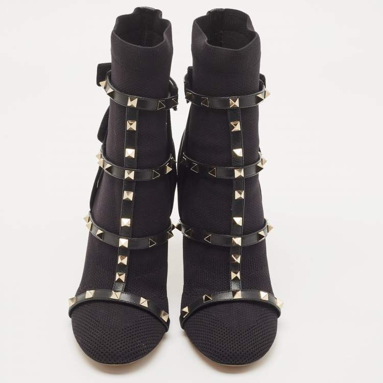 Pre Owned Valentino Black Knit Fabric and Leather Rockstud Boots Size 40