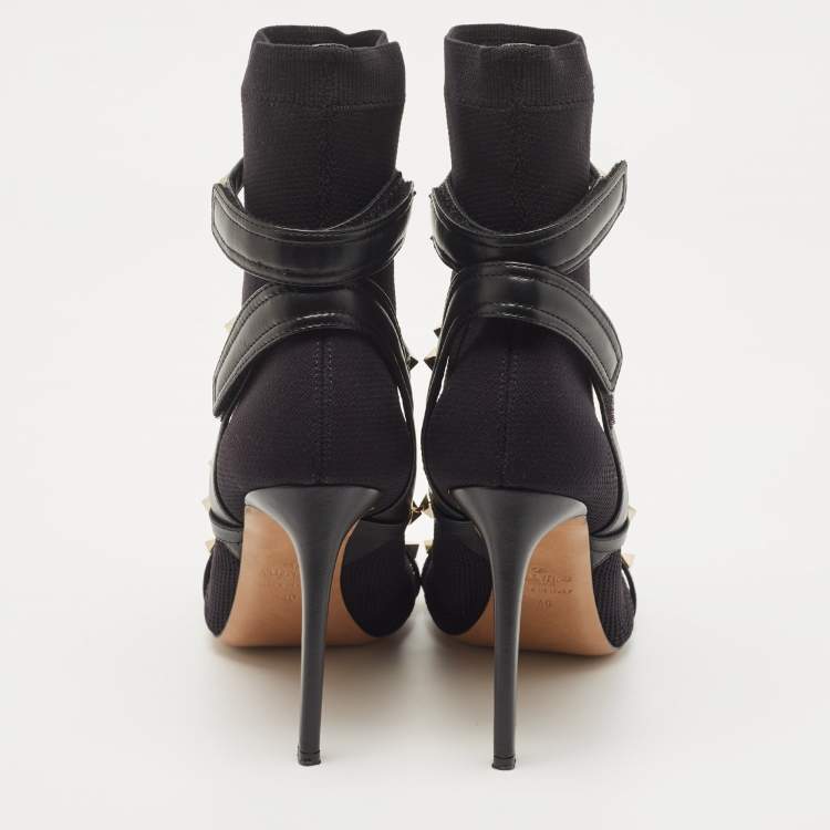 Pre Owned Valentino Black Knit Fabric and Leather Rockstud Boots Size 40