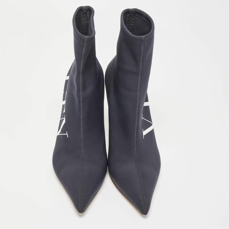Pre Owned Valentino Black Black Nylon VLTN Pointed Toe Ankle Booties Size 40