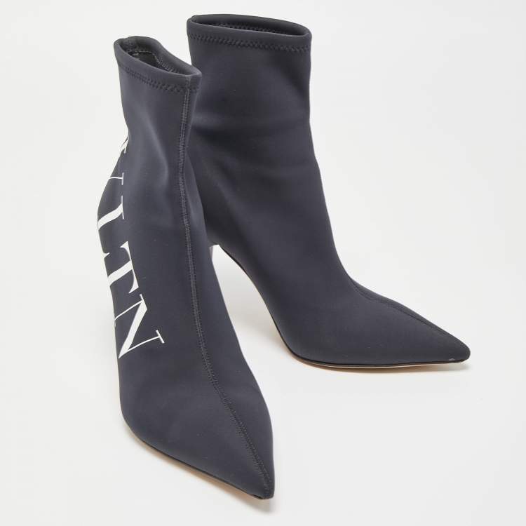 Pre Owned Valentino Black Black Nylon VLTN Pointed Toe Ankle Booties Size 40