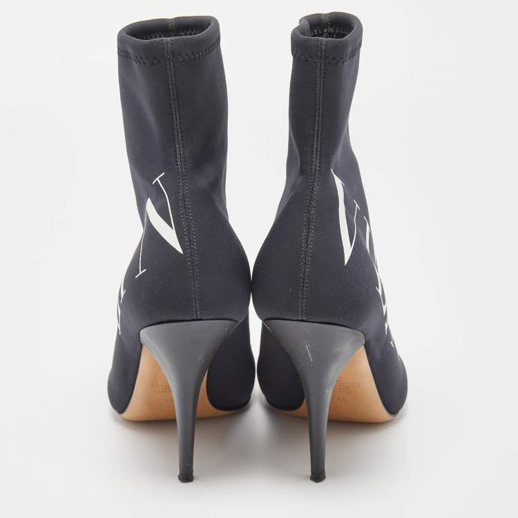 Pre Owned Valentino Black Black Nylon VLTN Pointed Toe Ankle Booties Size 40