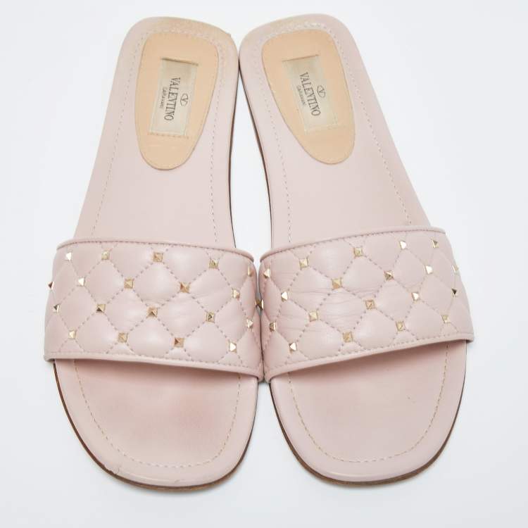 Pre Owned Valentino Pink Quilted Leather Rockstud Flat Slides Size 39.5