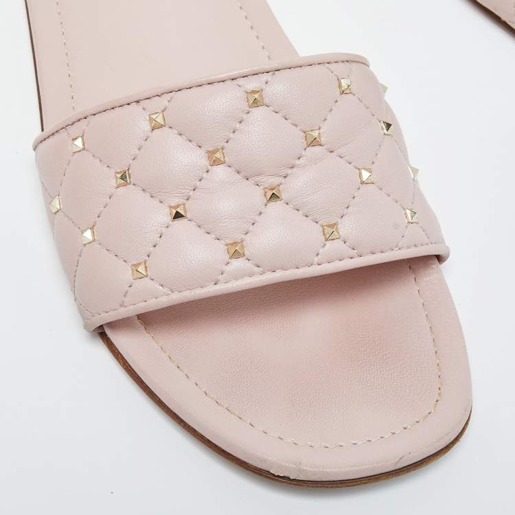 Pre Owned Valentino Pink Quilted Leather Rockstud Flat Slides Size 39.5