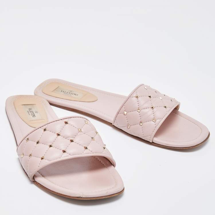 Pre Owned Valentino Pink Quilted Leather Rockstud Flat Slides Size 39.5
