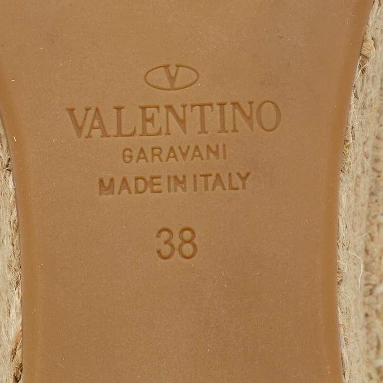 Pre Owned Valentino Off-White Leather Rockstud Espadrille Wedge Sandals Size 38