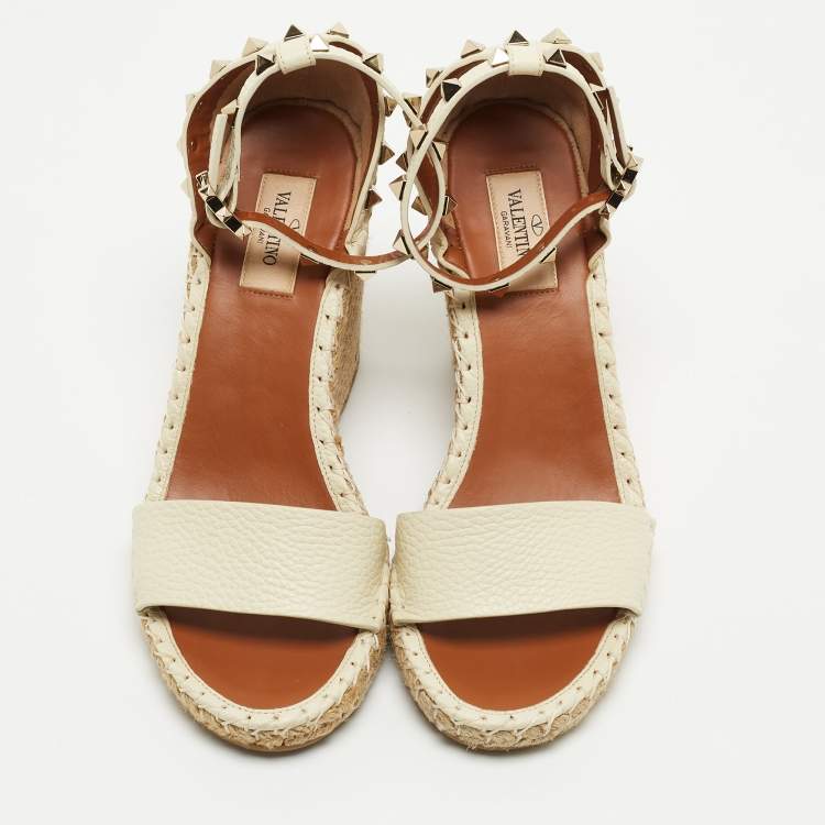Pre Owned Valentino Off-White Leather Rockstud Espadrille Wedge Sandals Size 38