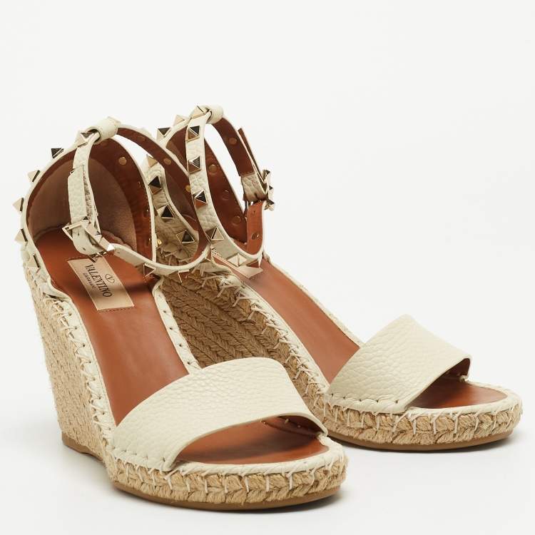 Pre Owned Valentino Off-White Leather Rockstud Espadrille Wedge Sandals Size 38