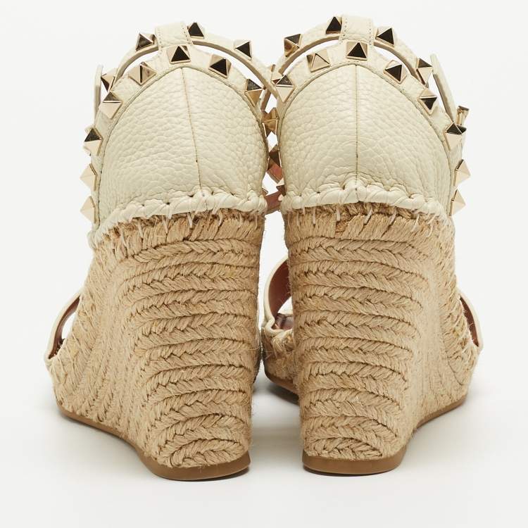 Pre Owned Valentino Off-White Leather Rockstud Espadrille Wedge Sandals Size 38