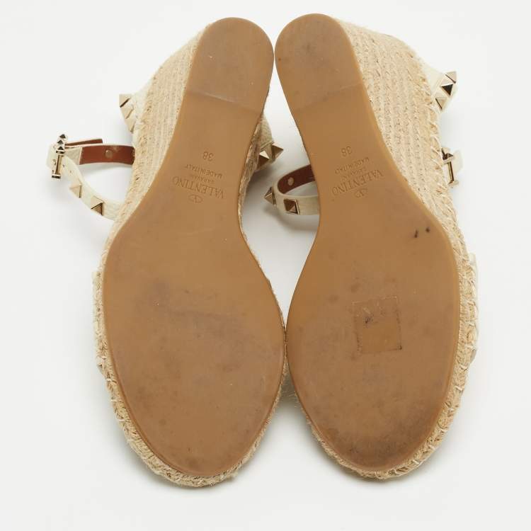 Pre Owned Valentino Off-White Leather Rockstud Espadrille Wedge Sandals Size 38
