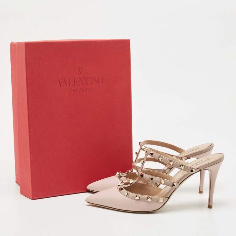 Pre Owned Valentino Pink Leather Rockstud Pointed Toe Slide Sandals Size 40.5