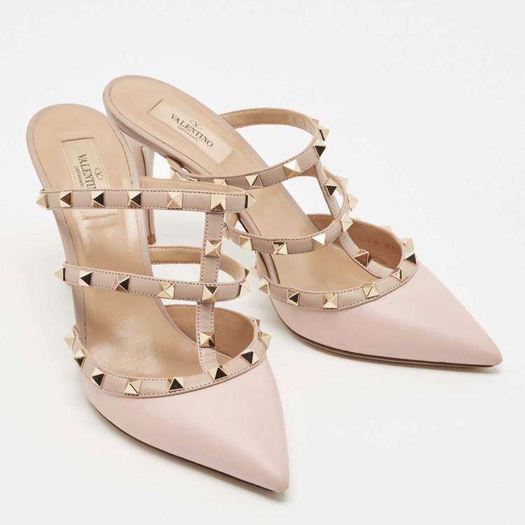 Pre Owned Valentino Pink Leather Rockstud Pointed Toe Slide Sandals Size 40.5