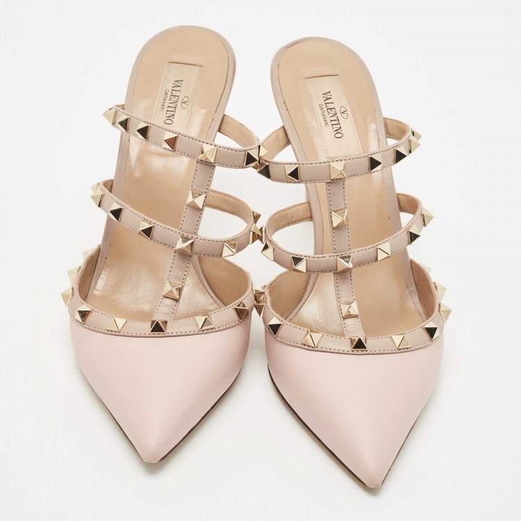 Pre Owned Valentino Pink Leather Rockstud Pointed Toe Slide Sandals Size 40.5