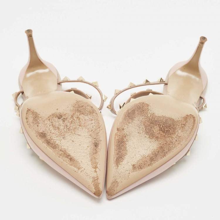 Pre Owned Valentino Pink Leather Rockstud Pointed Toe Slide Sandals Size 40.5