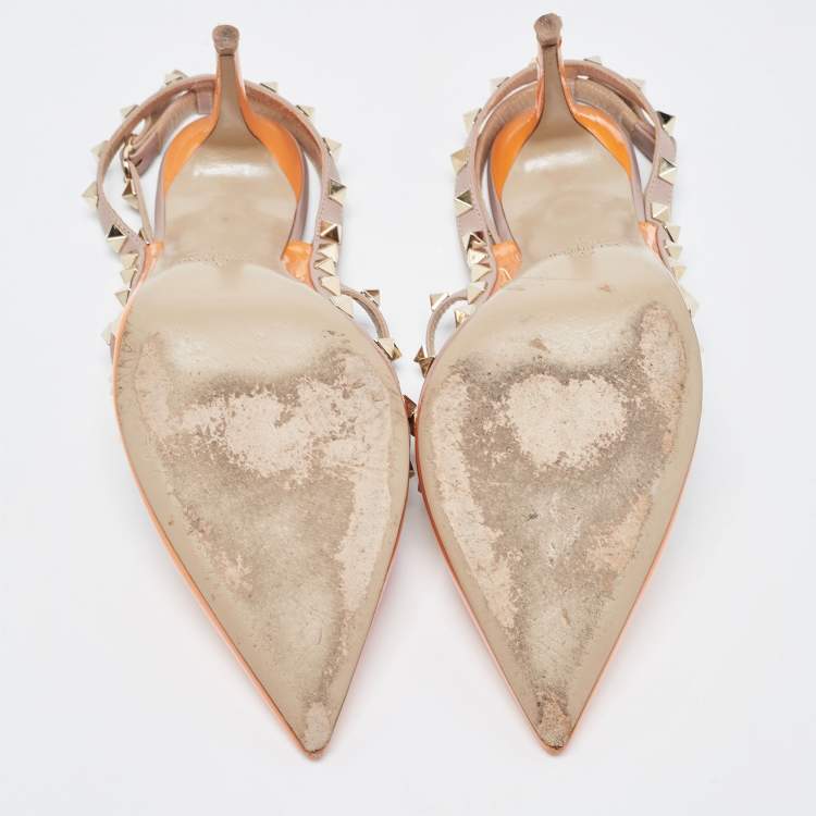 Pre Owned Valentino Orange Patent Leather Rockstud Strappy Pointed Toe Pumps Size 40