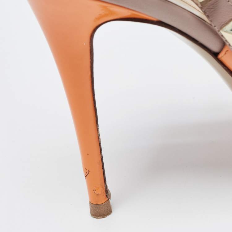 Pre Owned Valentino Orange Patent Leather Rockstud Strappy Pointed Toe Pumps Size 40