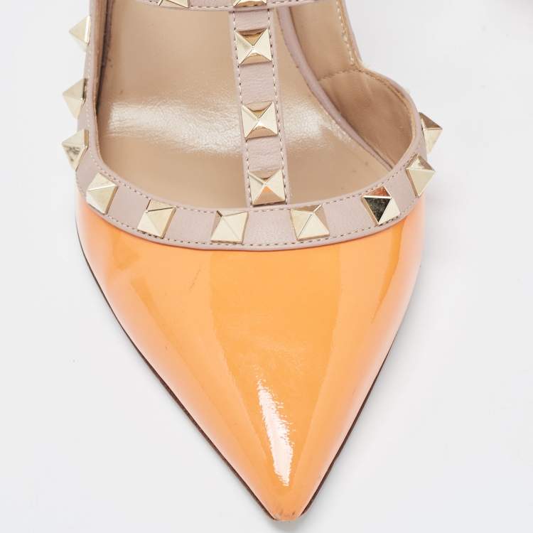 Pre Owned Valentino Orange Patent Leather Rockstud Strappy Pointed Toe Pumps Size 40
