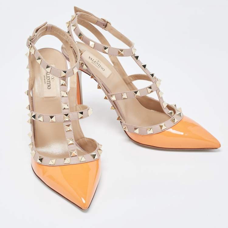Pre Owned Valentino Orange Patent Leather Rockstud Strappy Pointed Toe Pumps Size 40