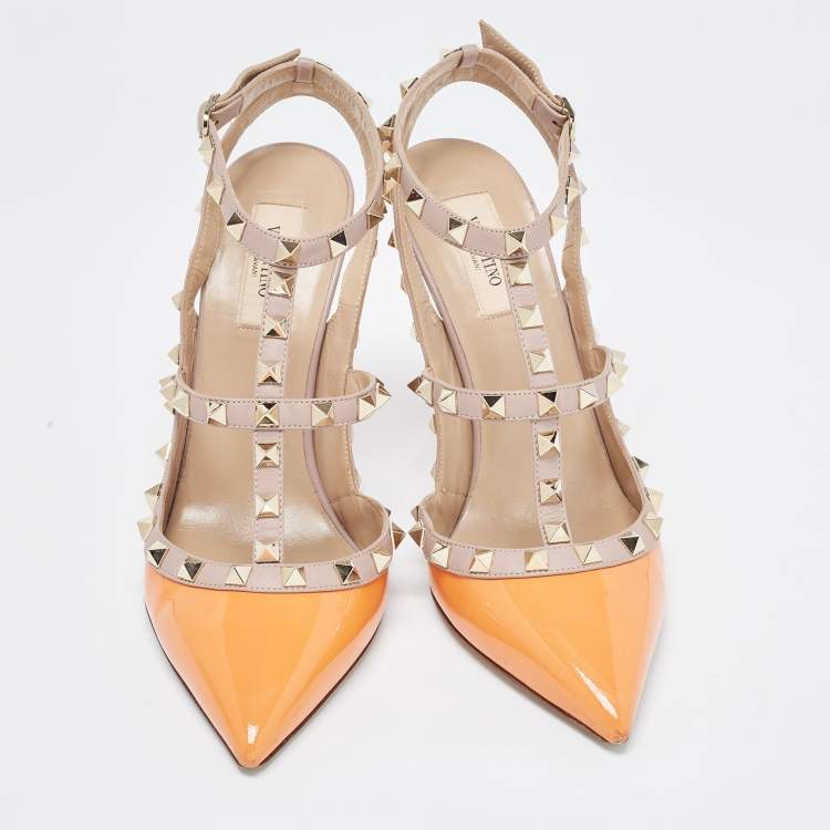 Pre Owned Valentino Orange Patent Leather Rockstud Strappy Pointed Toe Pumps Size 40