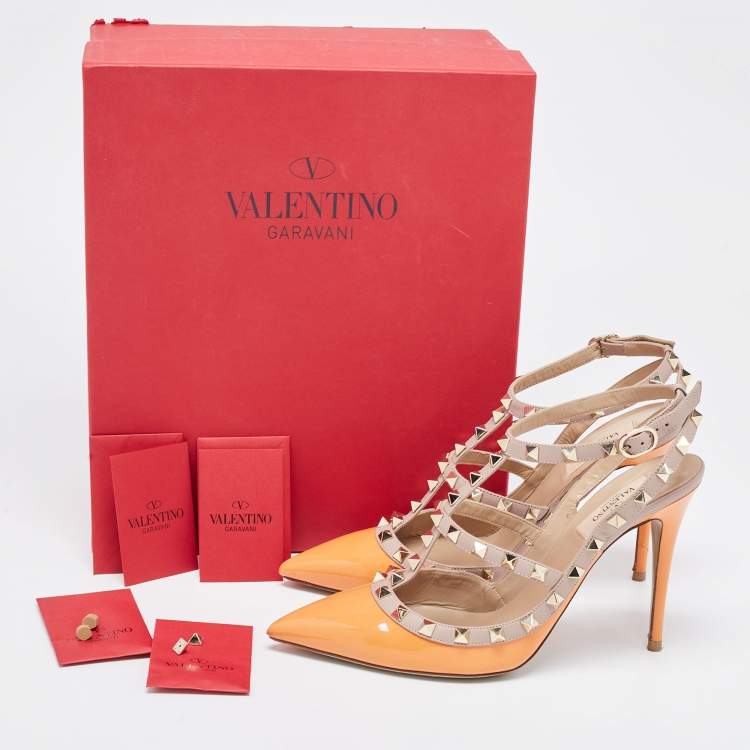Pre Owned Valentino Orange Patent Leather Rockstud Strappy Pointed Toe Pumps Size 40