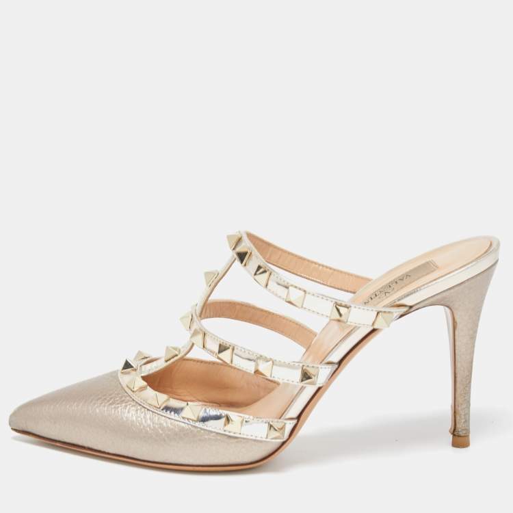 Pre Owned Valentino Metallic Leather Rockstud Slides Size 37 
