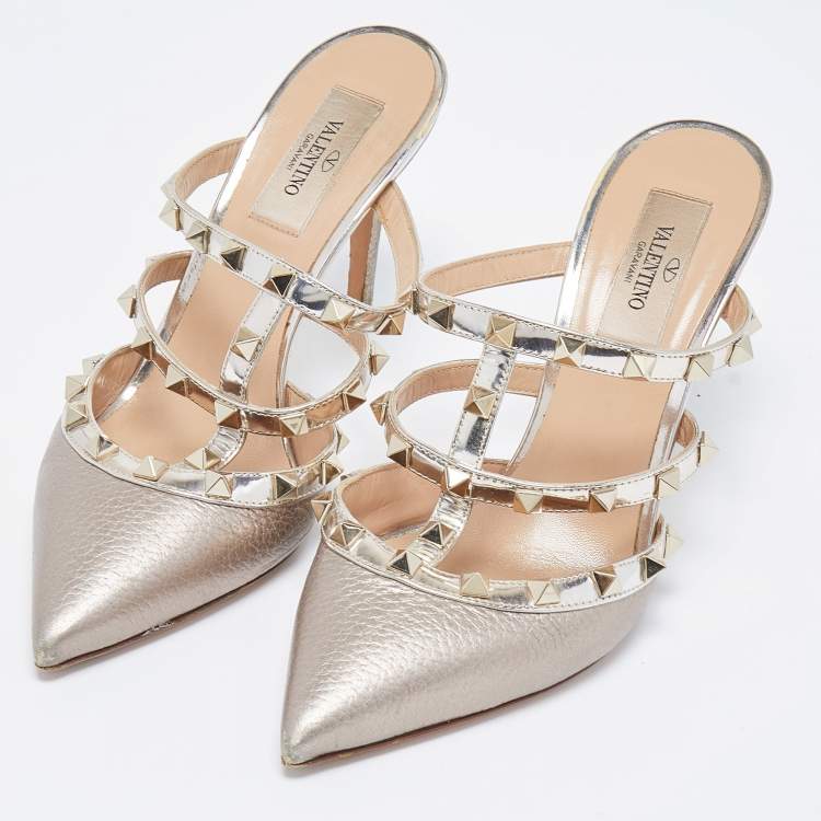 Pre Owned Valentino Metallic Leather Rockstud Slides Size 37 