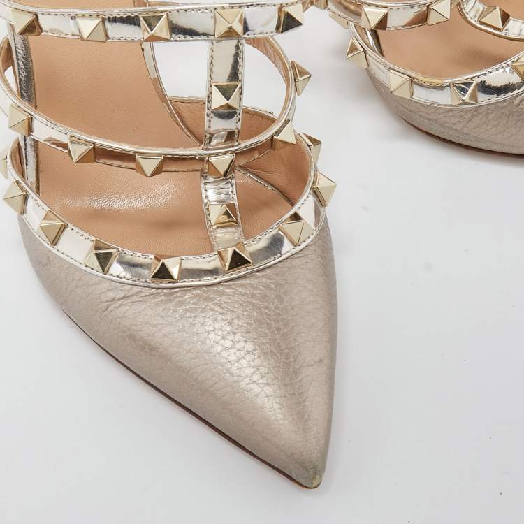 Pre Owned Valentino Metallic Leather Rockstud Slides Size 37 