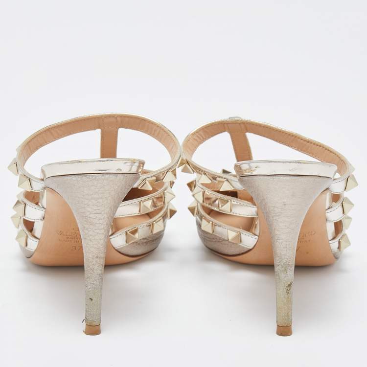 Pre Owned Valentino Metallic Leather Rockstud Slides Size 37 