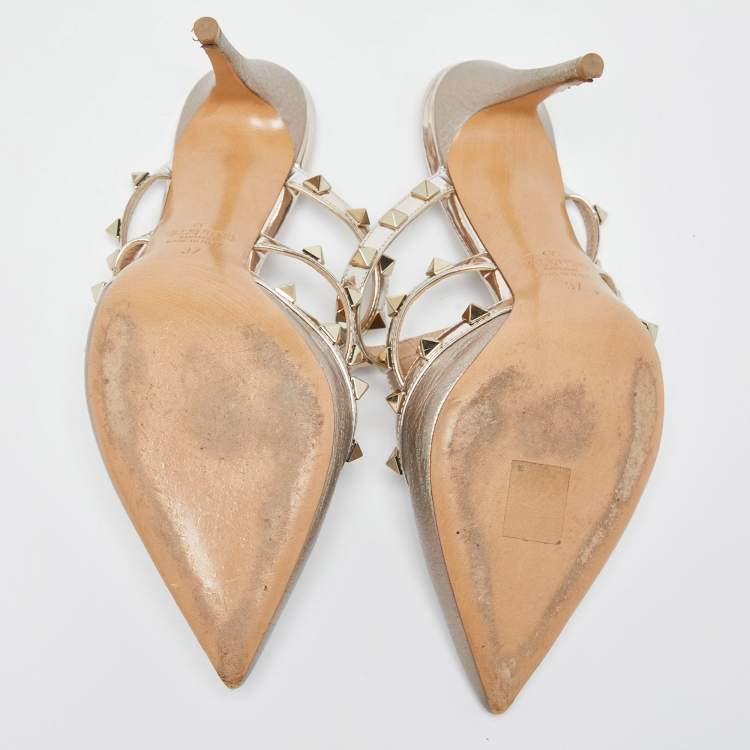 Pre Owned Valentino Metallic Leather Rockstud Slides Size 37 