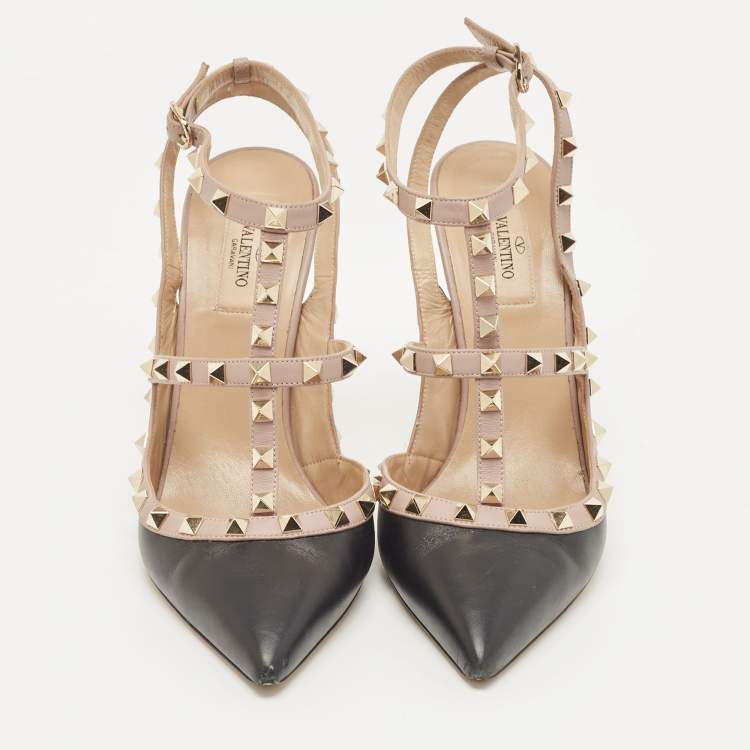 Pre Owned Valentino Black/Pink Leather Rockstud Strappy Pointed Toe Pumps Size 41