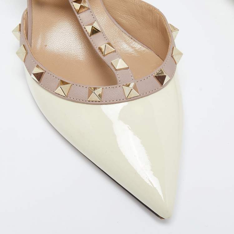 Pre Owned Valentino Pink/White Patent Leather Rockstud Strappy Pointed Toe Pumps Size 40