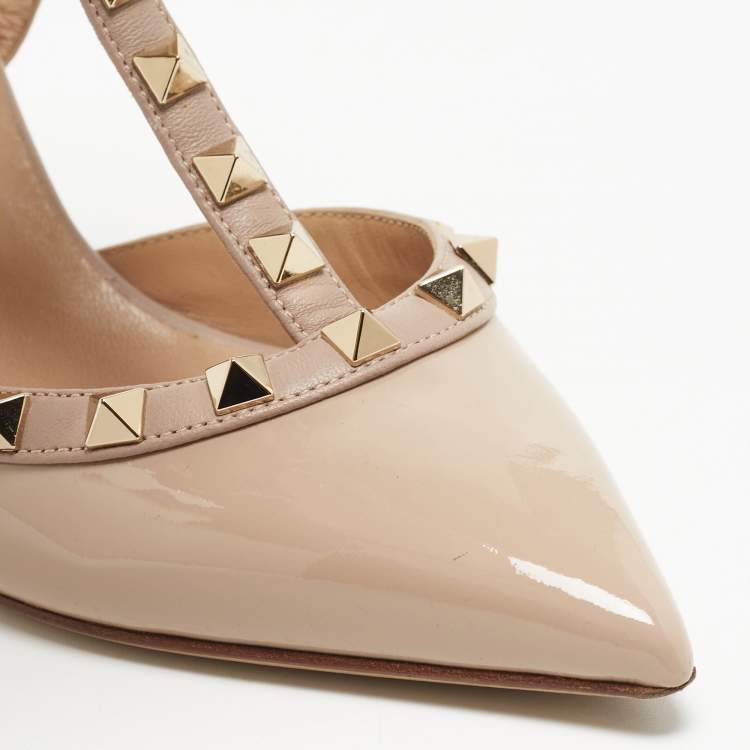 Pre Owned Valentino Beige Leather and Patent Rockstud Caged Pumps Size 35.5